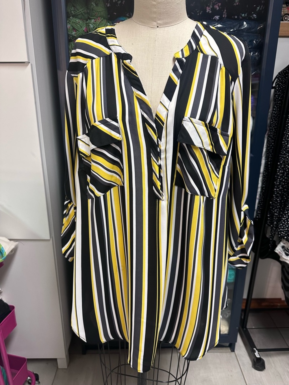 Torrid Striped V-Neck Button-Front Blouse in Black, White & Yellow